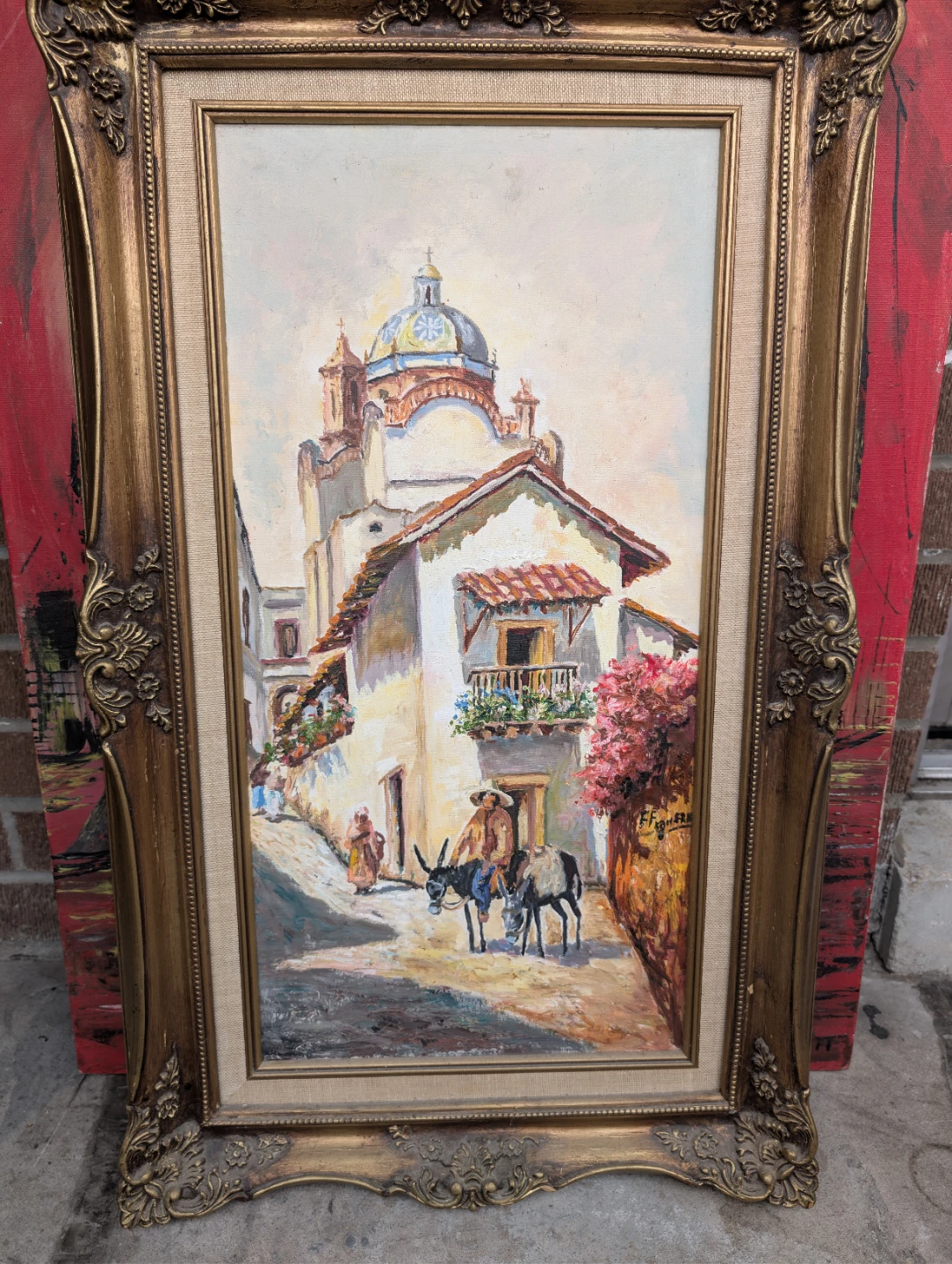 Vintage Landscape Painting of Mission Church with Donkeys