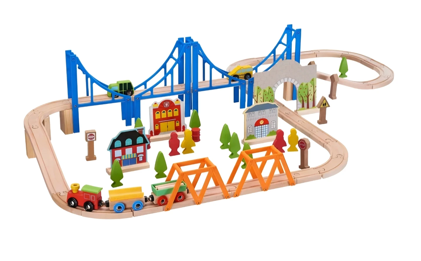 75 pcs Kids' Wooden Train double sided Railway play Set