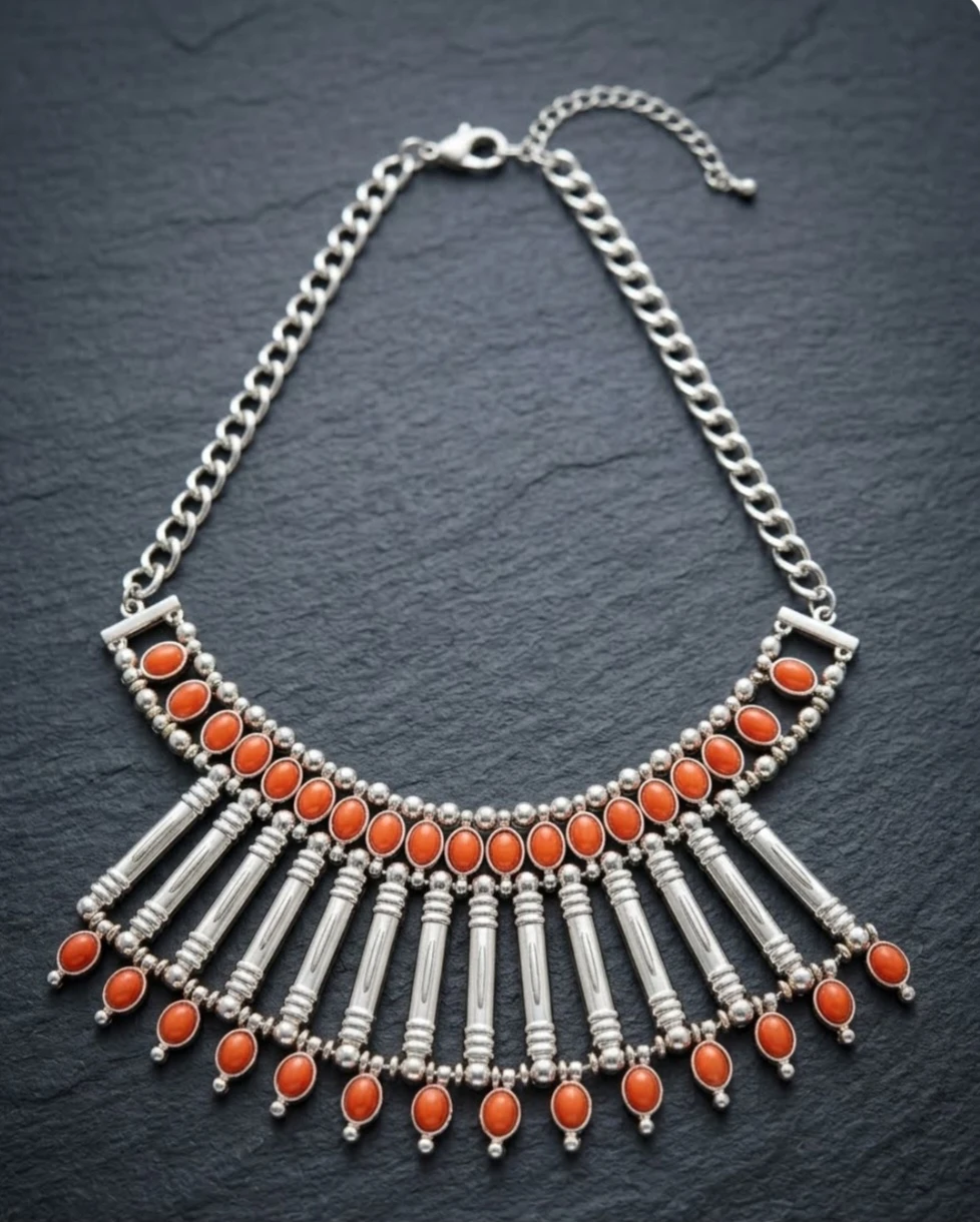 Silver-Tone Statement Necklace with Red-Colored Stones