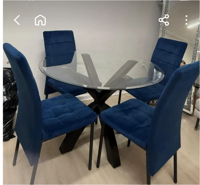 Glass Top Dining Table with 4 Blue Velvet Chairs