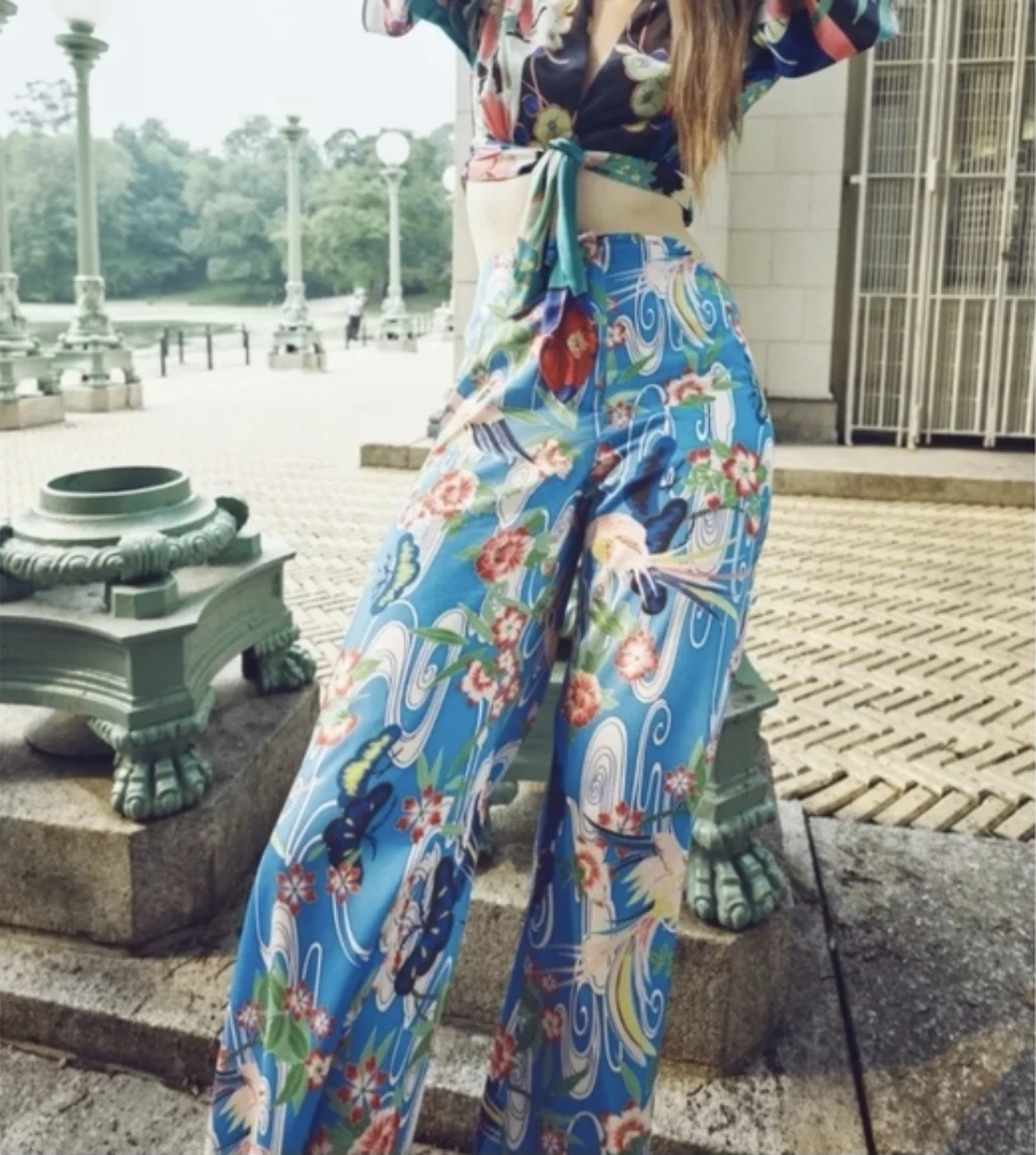 Zara Satin Blue Floral Wide Leg Pants