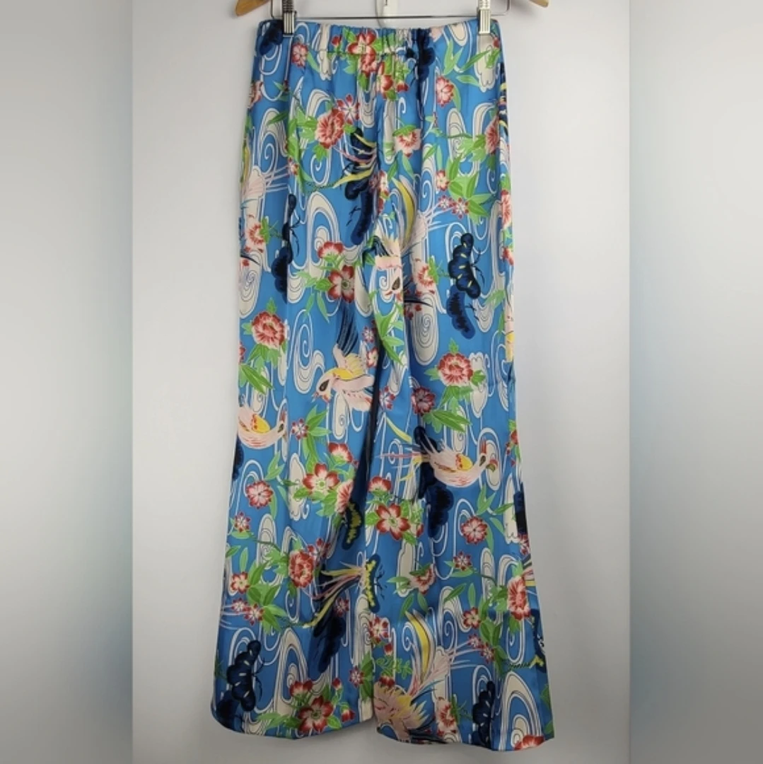 Zara Satin Blue Floral Wide Leg Pants - photo 2