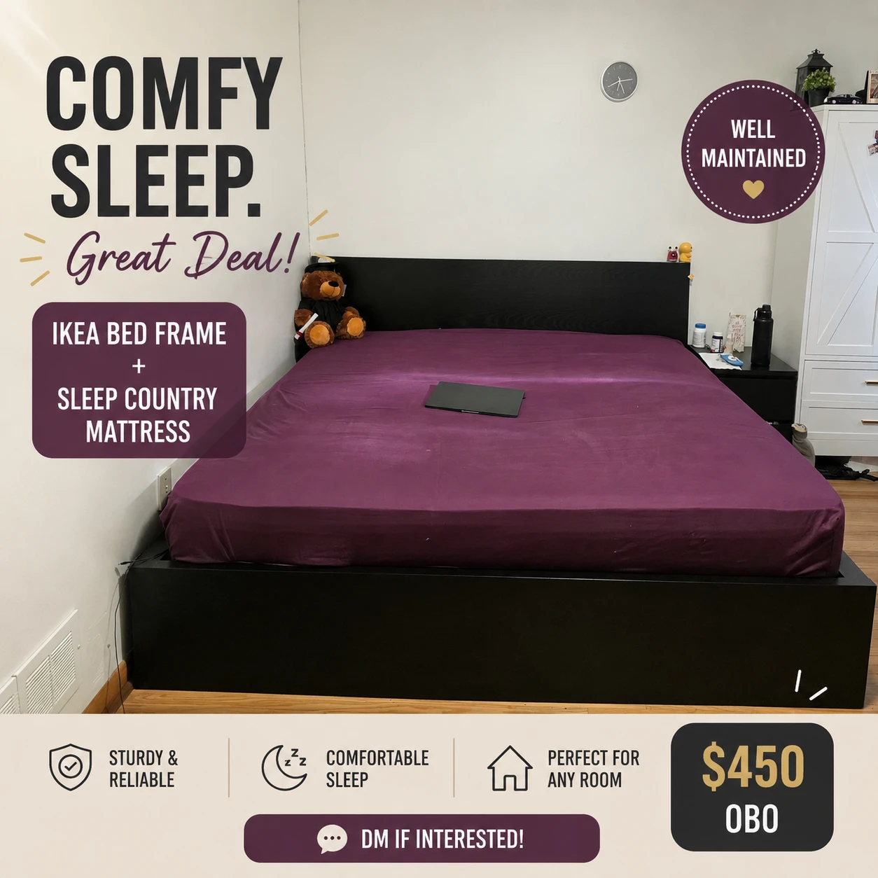 🛏️ BED FRAME + MATTRESS FOR SALE — GREAT CONDITION! ✨