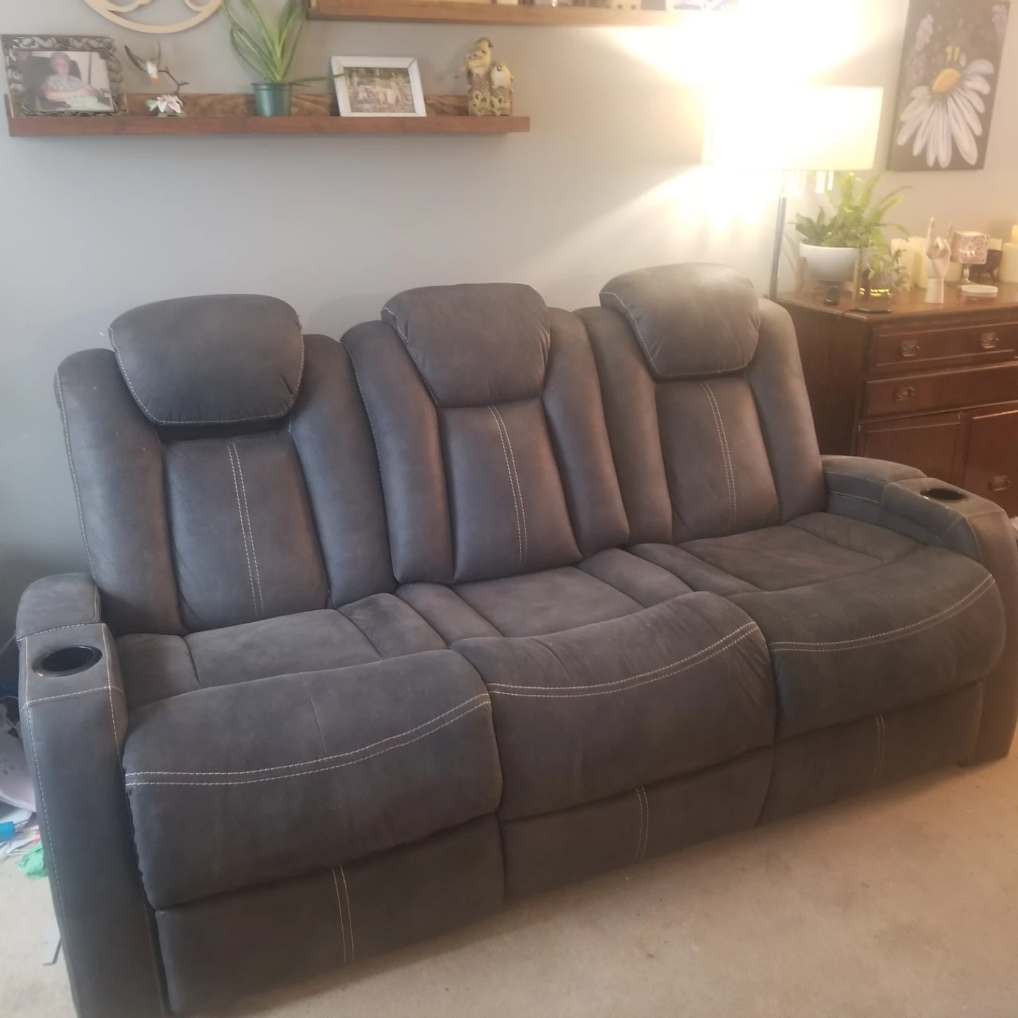 Dark Grey Reclining Sofa with Center Console