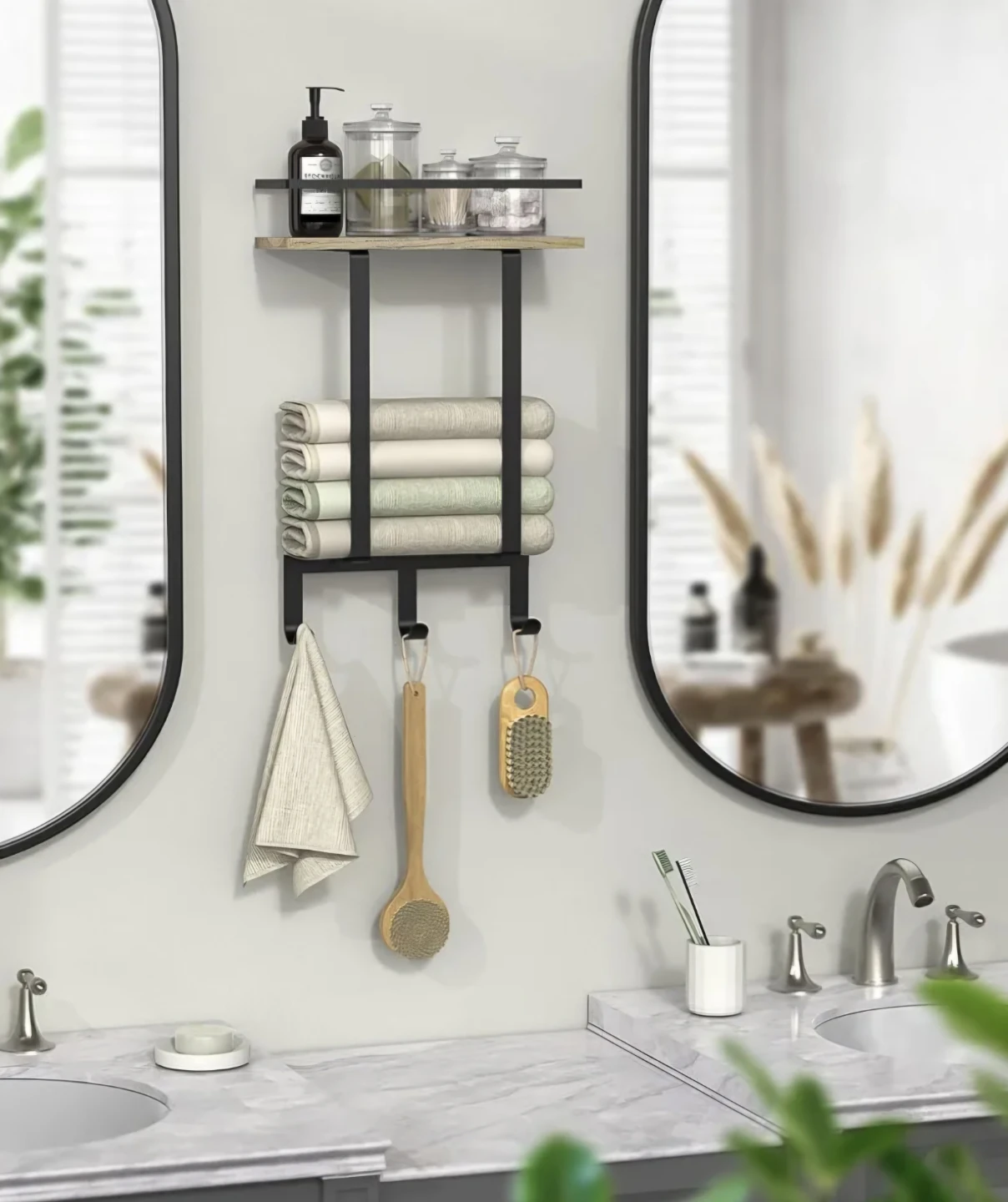 Wall Mounted Towel Rack Shelf with Hooks - photo 2