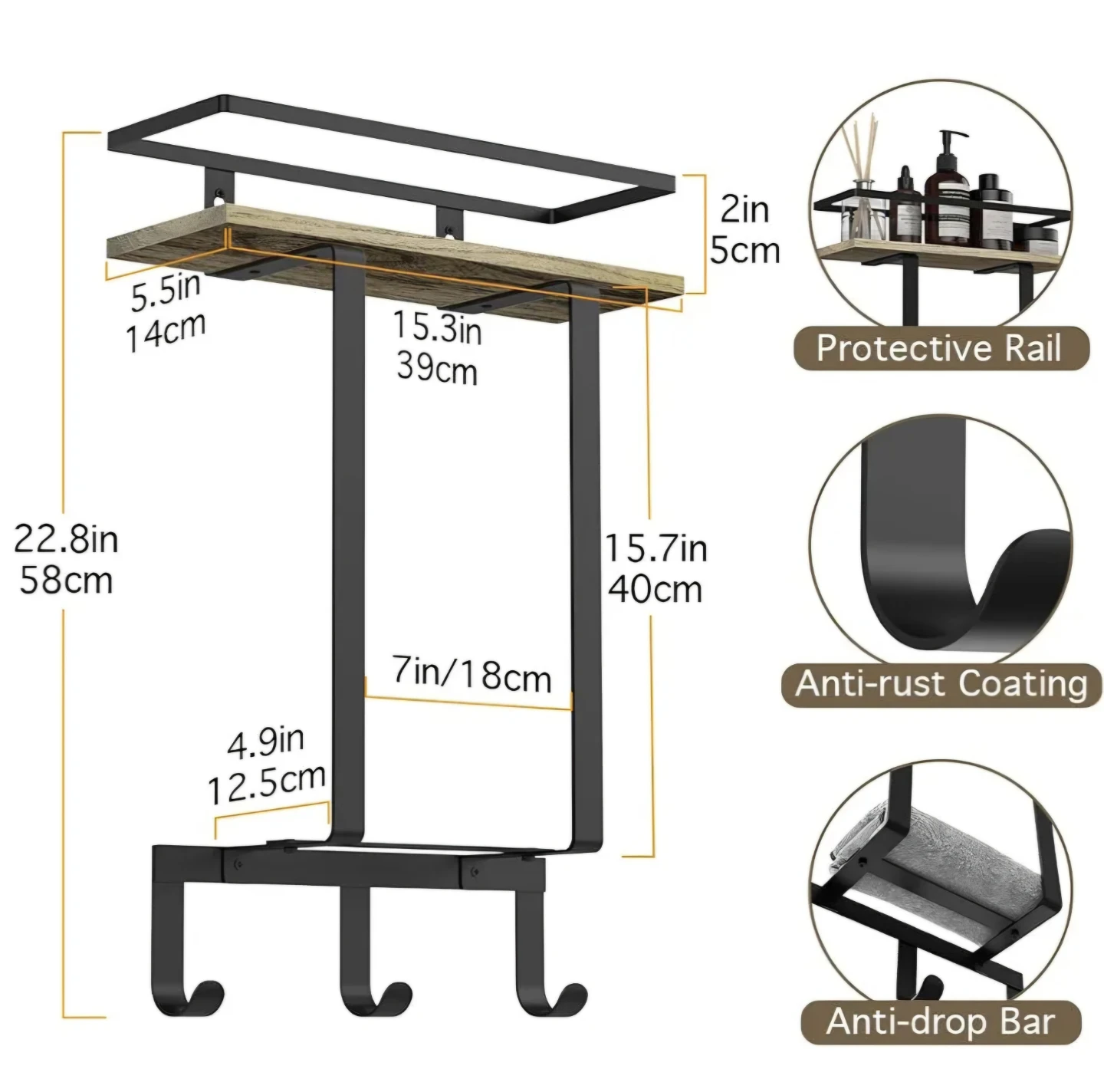 Wall Mounted Towel Rack Shelf with Hooks - photo 3