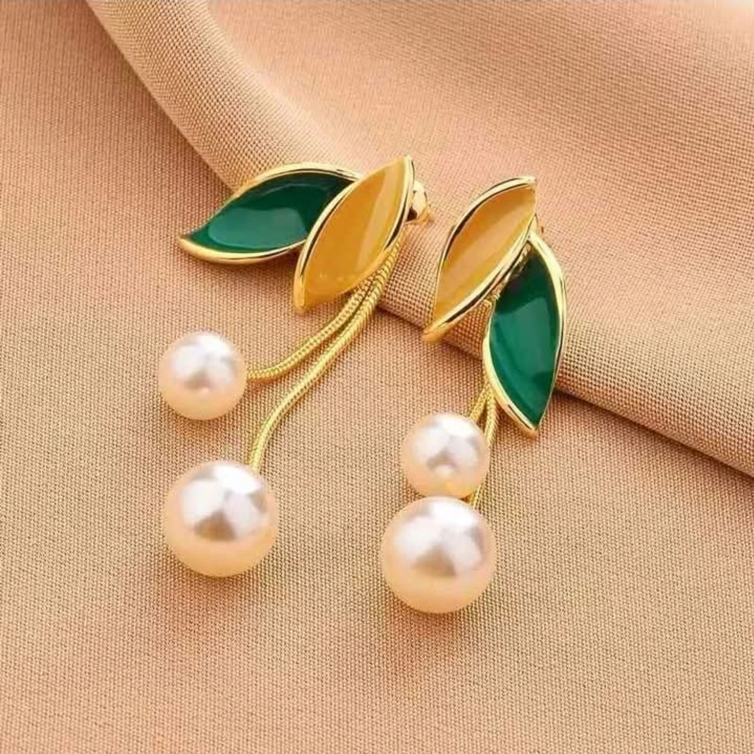 Drop Earrings with Pearls and green and orange Leaves Design - photo 2