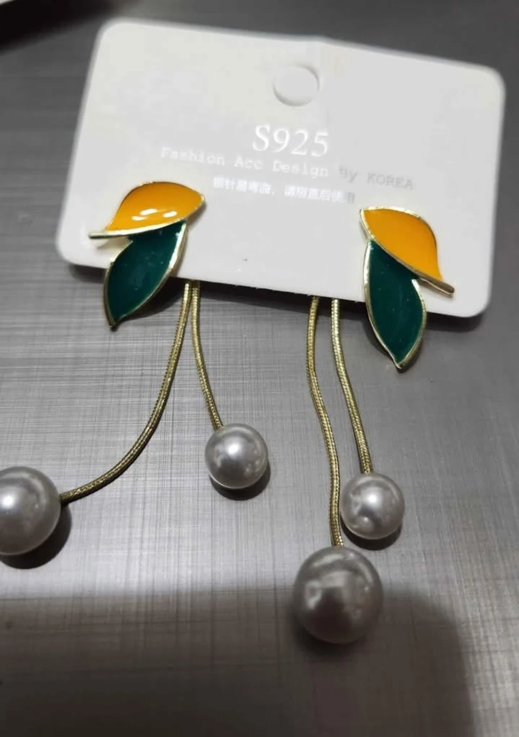 Drop Earrings with Pearls and green and orange Leaves Design - photo 3