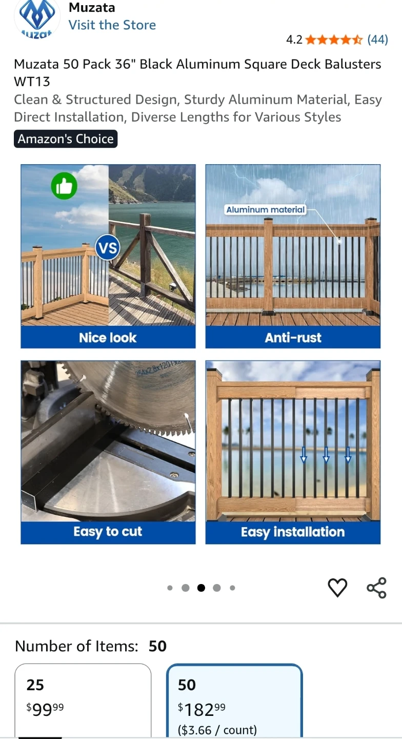 Muzata 50 Pack 36" Black Aluminum Square Deck Balusters WT13 - photo 2