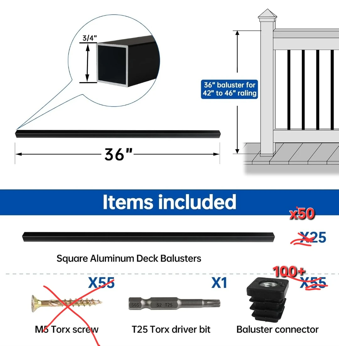 Muzata 50 Pack 36" Black Aluminum Square Deck Balusters WT13 - photo 3