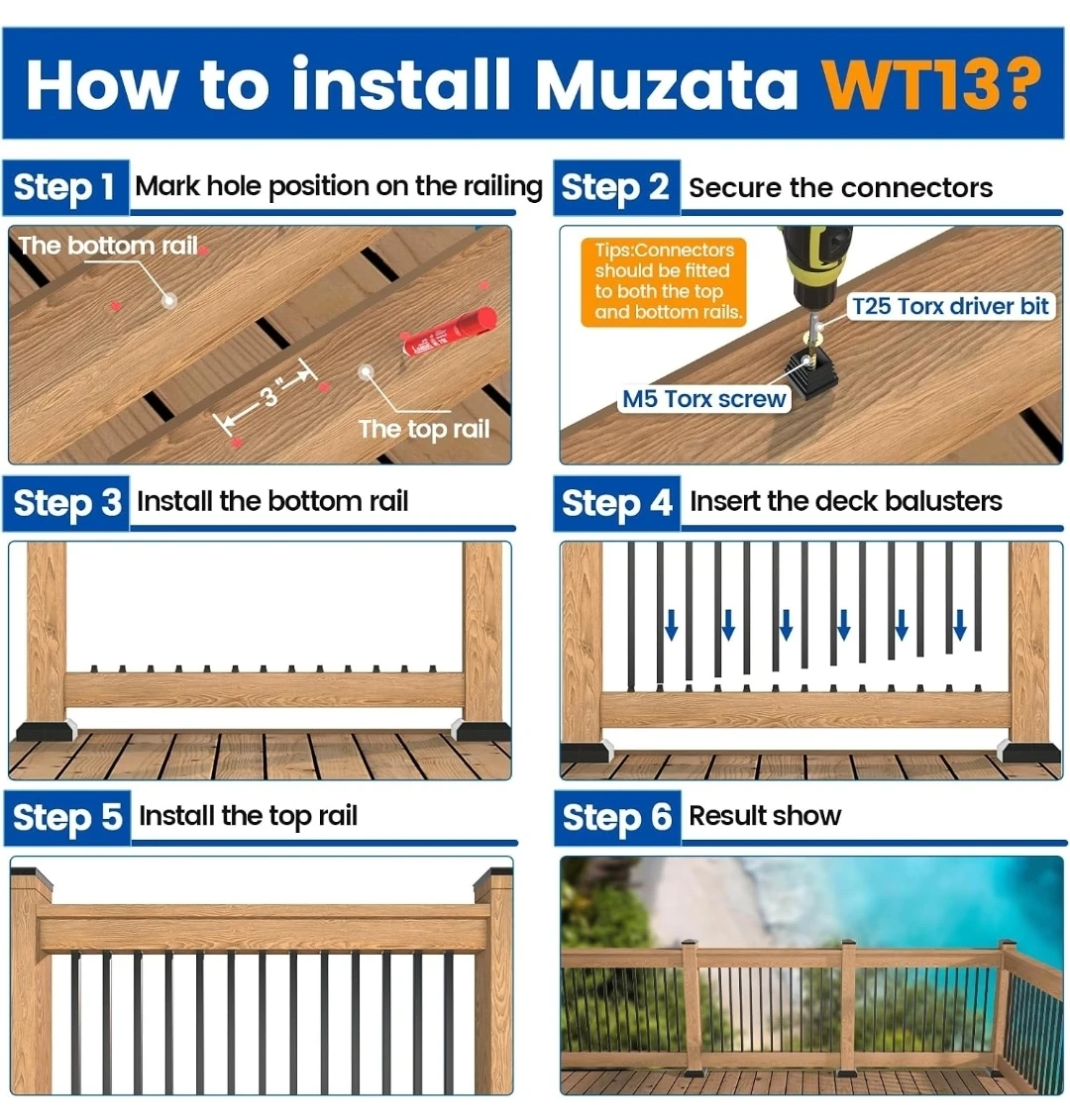 Muzata 50 Pack 36" Black Aluminum Square Deck Balusters WT13 - photo 5
