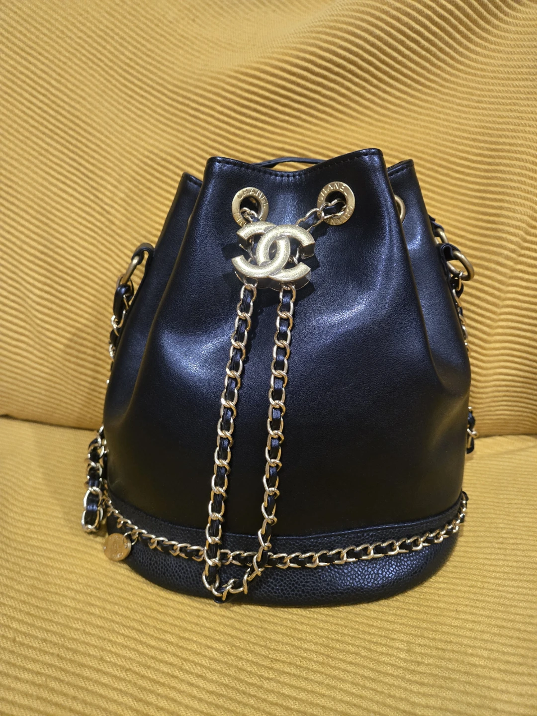 Black Bucket Bag with Gold Chain