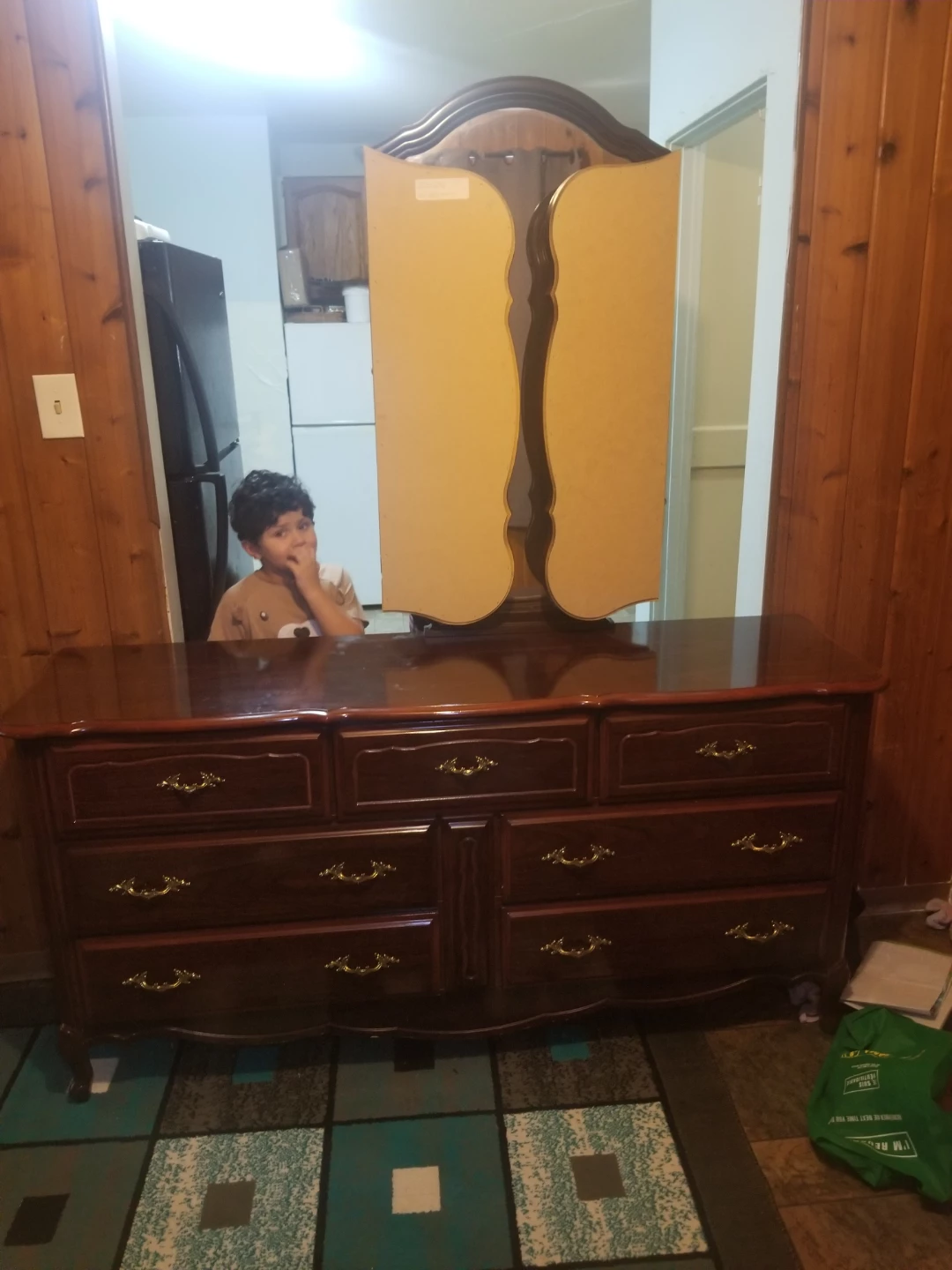 Vintage mahogany 7 drawer dresser with tri fold mirror