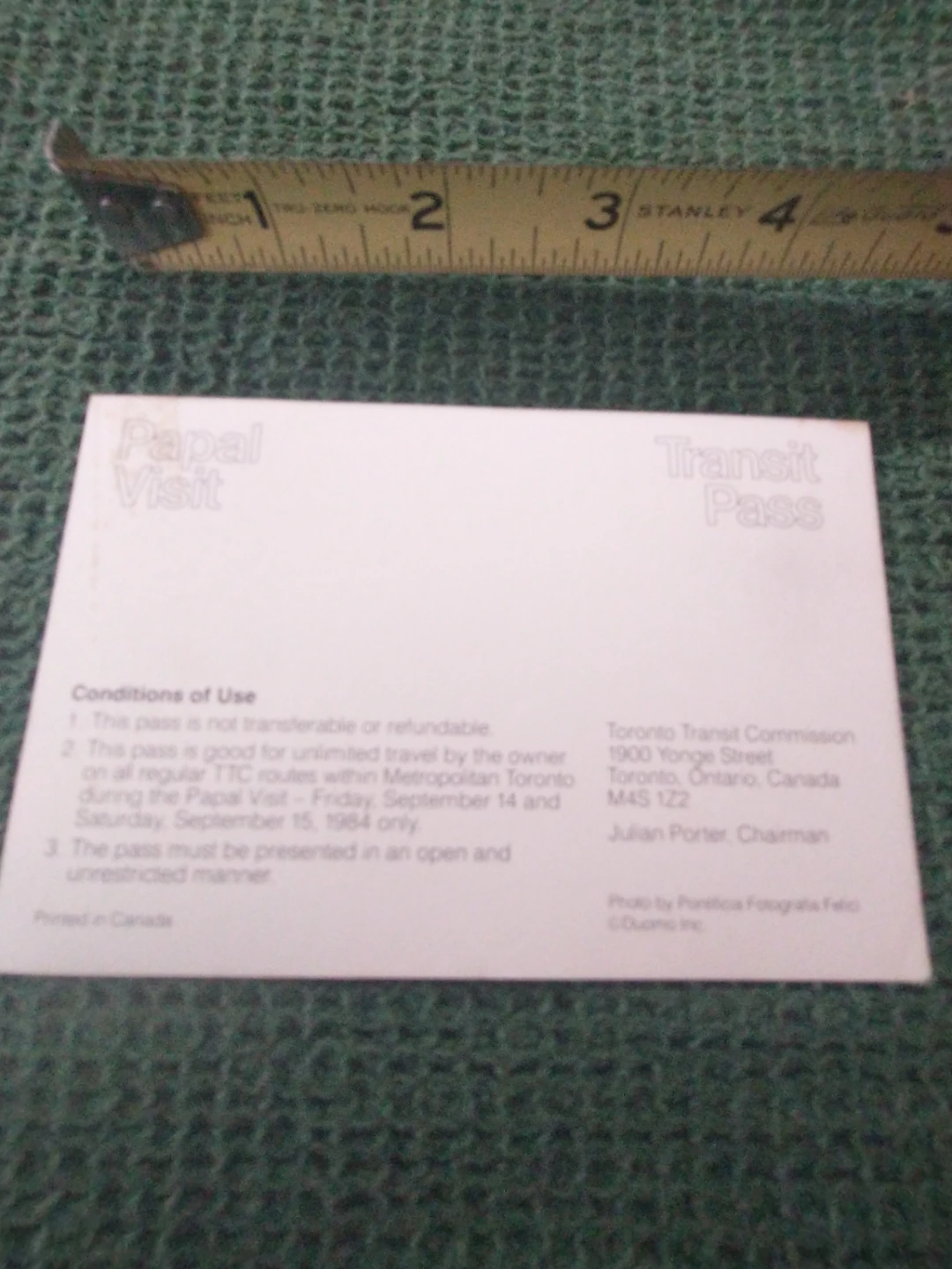 Nice 1984 TTC Papal Visit Transit Pass - photo 4