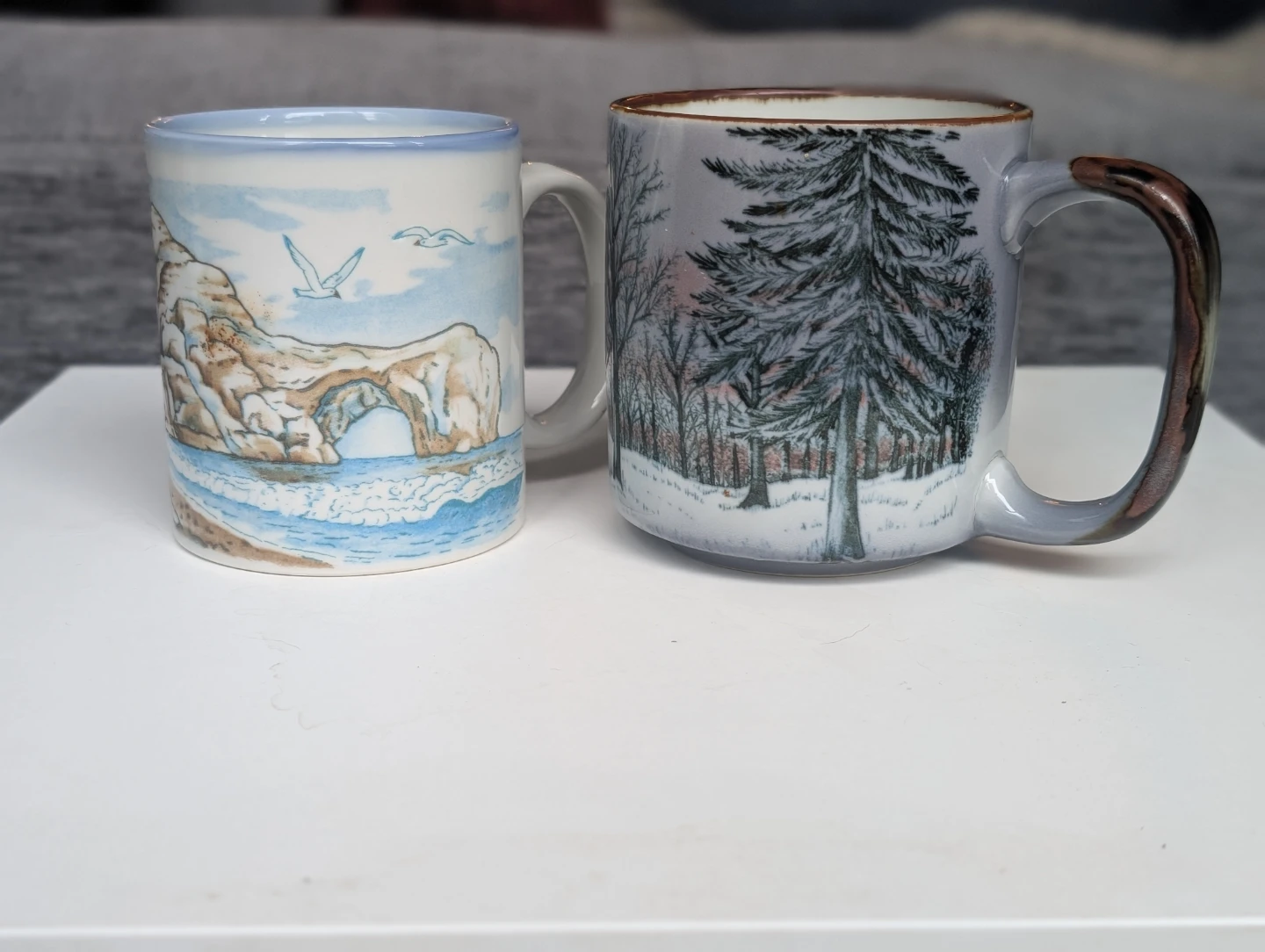 Pair of vintage Otagiri Japan mugs - winter trees & seagulls