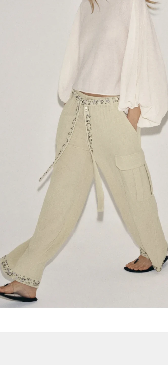 Zara Beige Sequin Belt Cargo Pants XL - photo 3