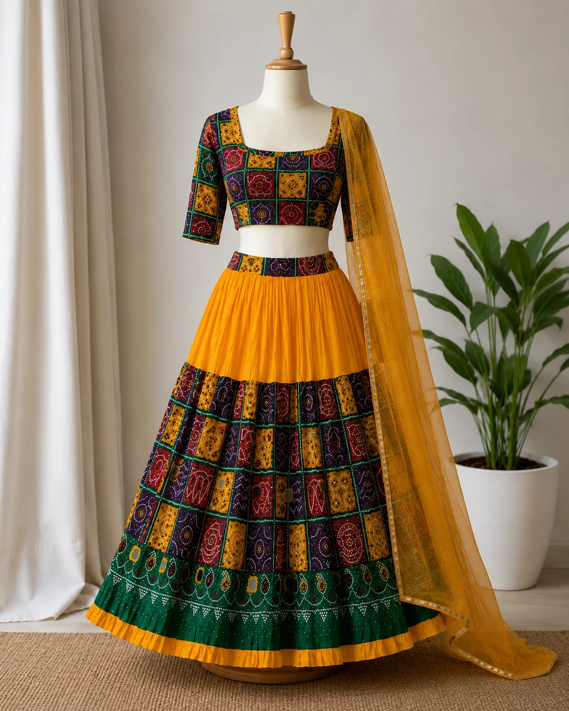 Yellow Lehenga with Bandhani Print Top and Dupatta