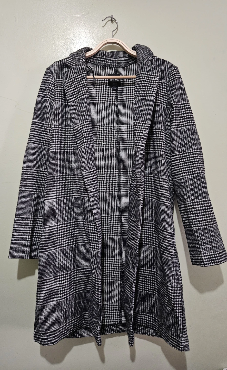 LoveTree Grey Blue HoundsTooth Open-Front Long Coat