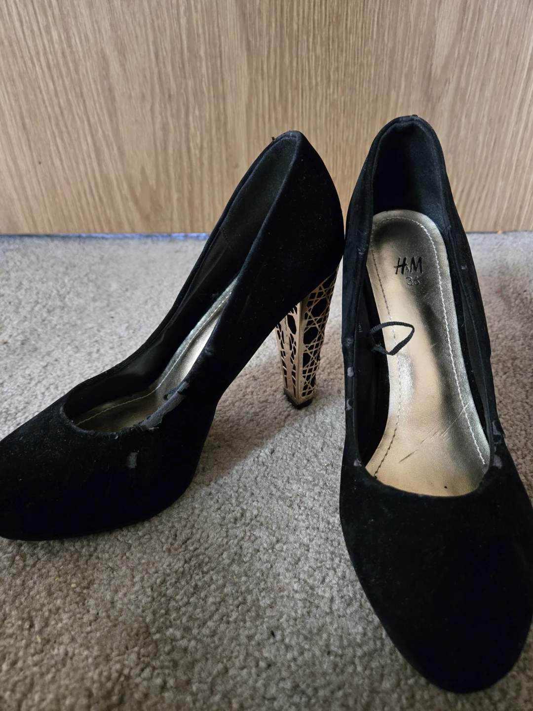 H&M Black Velvet Heels with Gold Cage Detail