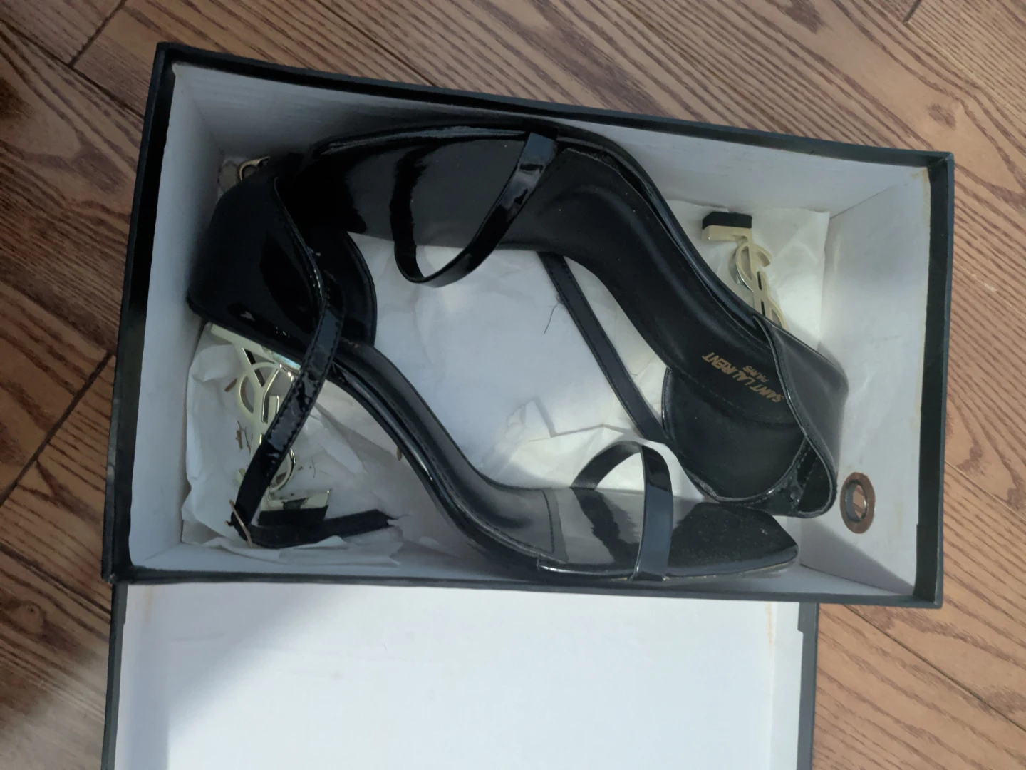 Saint Laurent Black Patent YSL Heel Sandals - photo 2