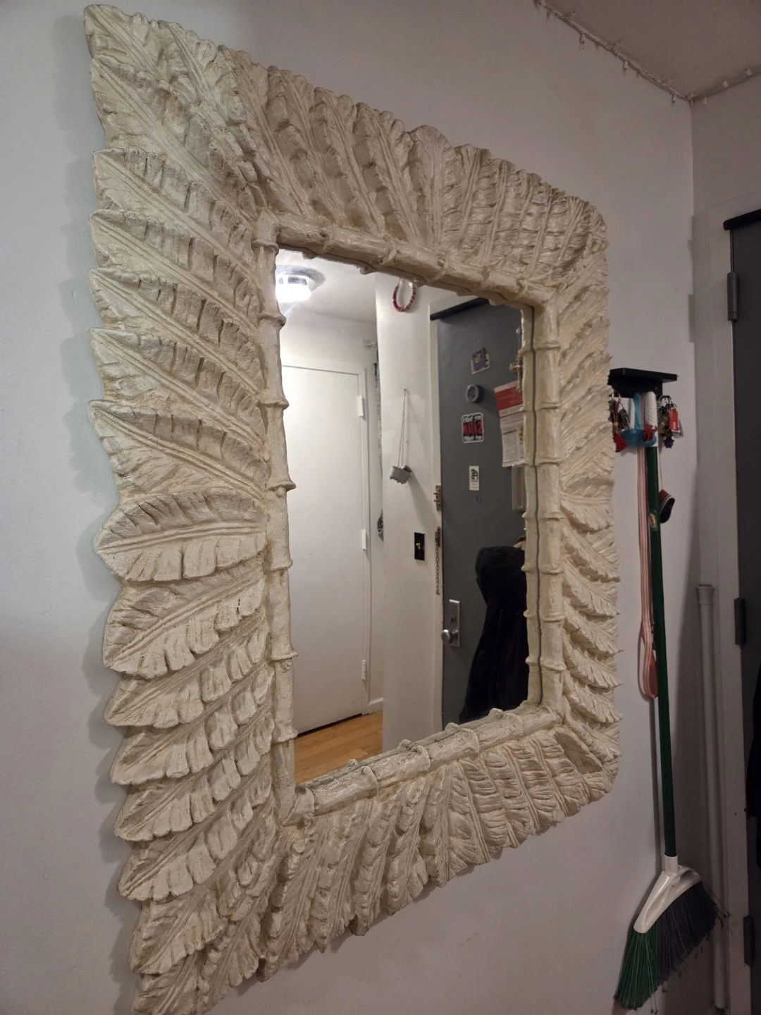 Vintage Coral Wall Mirror with Faux Bamboo Palm Leaf Frame