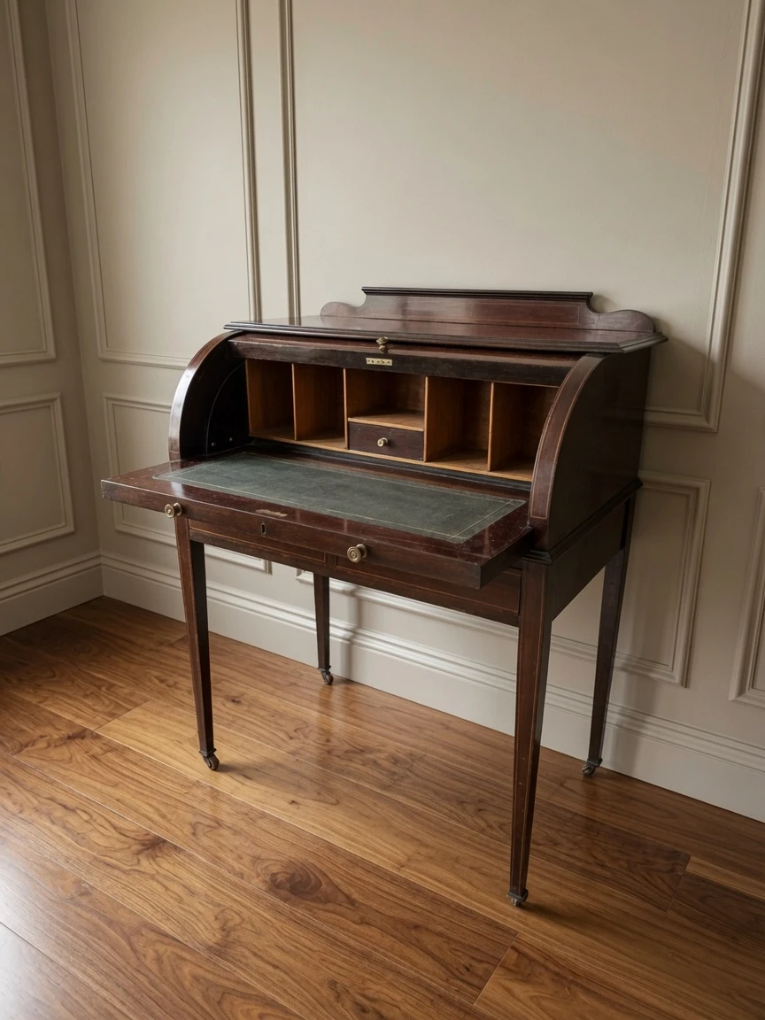 Antique English Edwardian Mahogany Inlaid Cylinder Writing Desk
