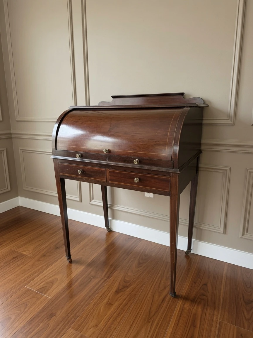 Antique English Edwardian Mahogany Inlaid Cylinder Writing Desk - photo 2