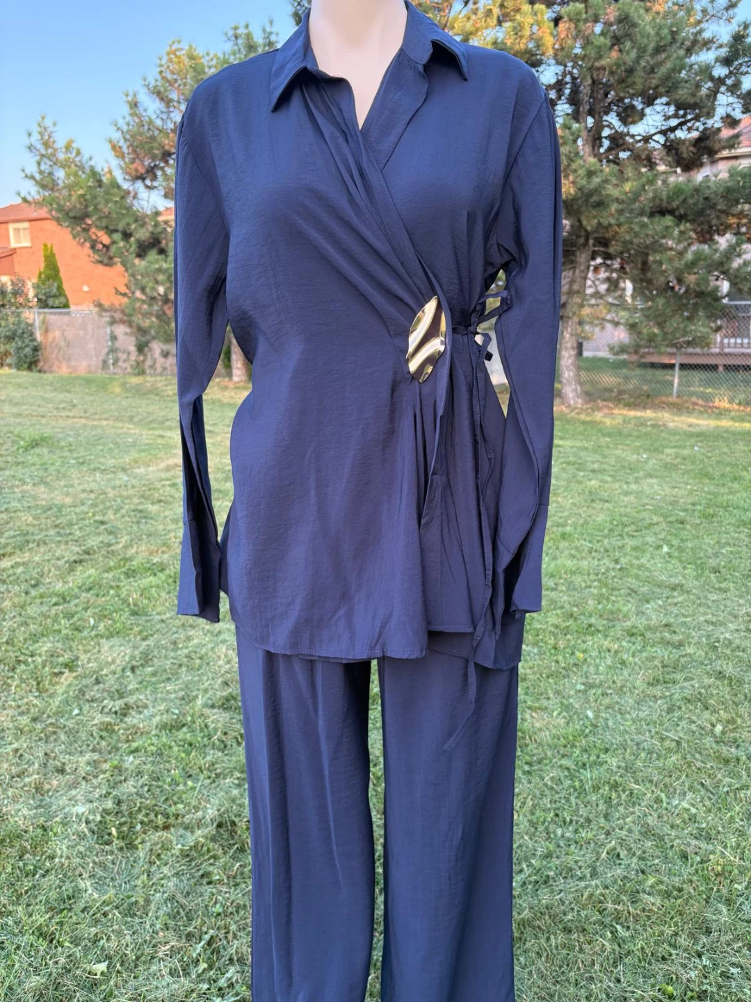Navy Blue Wrap Top and Pants Set - photo 2