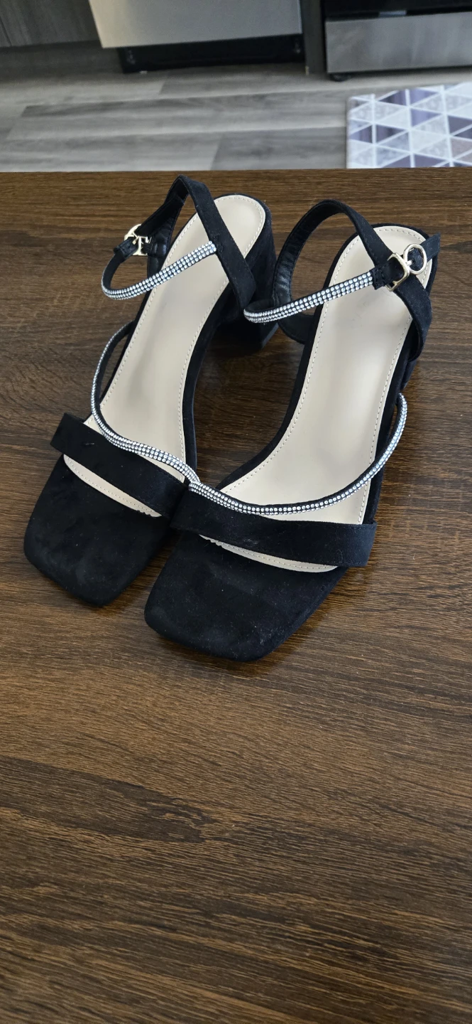 Black Suede Block Heels with Rhinestone Straps
