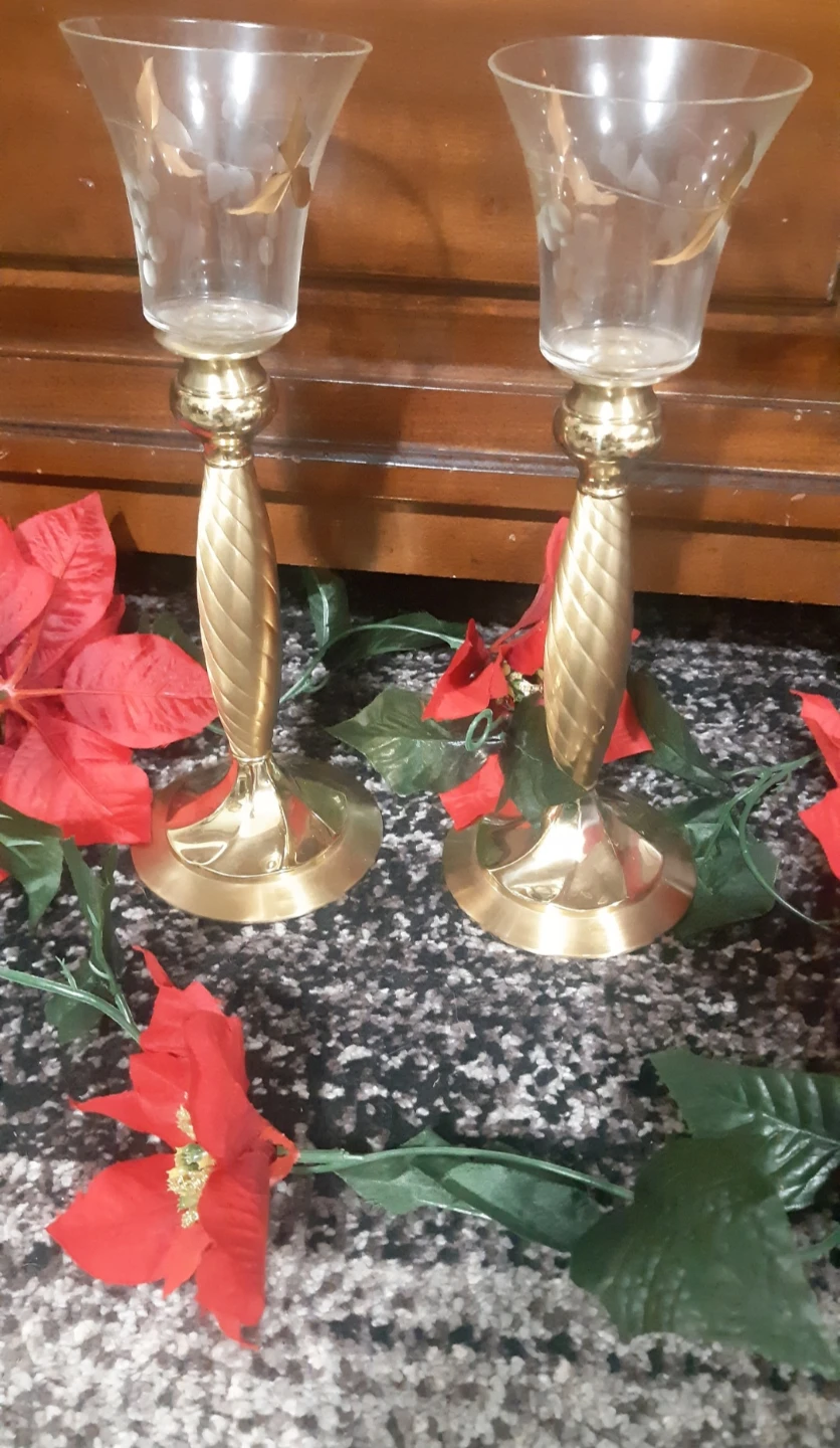 Set of 2 Vintage solid Brass Candlesticks with Glass Holders - photo 2