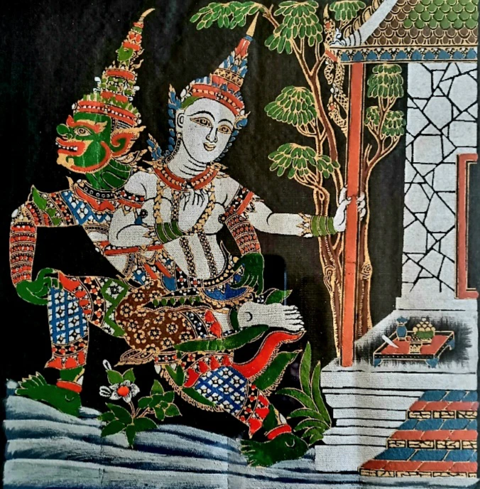 Thai Ramayana Hand Painted Silk Art