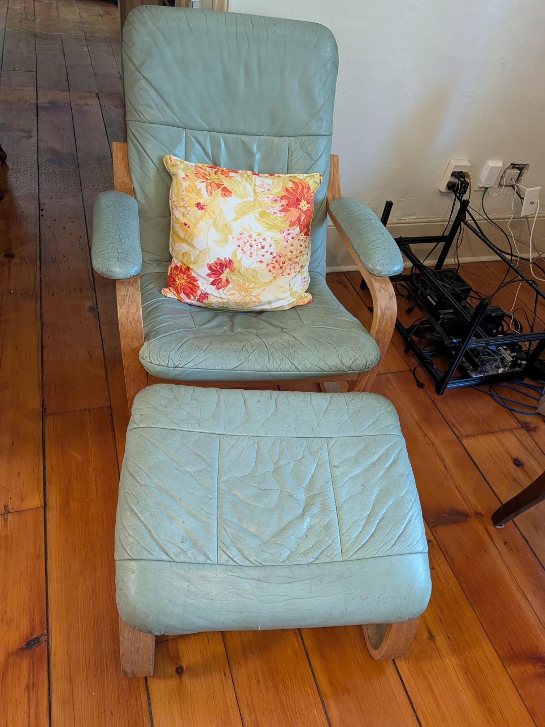 Light Blue Leather Recliner Chair with Ottoman