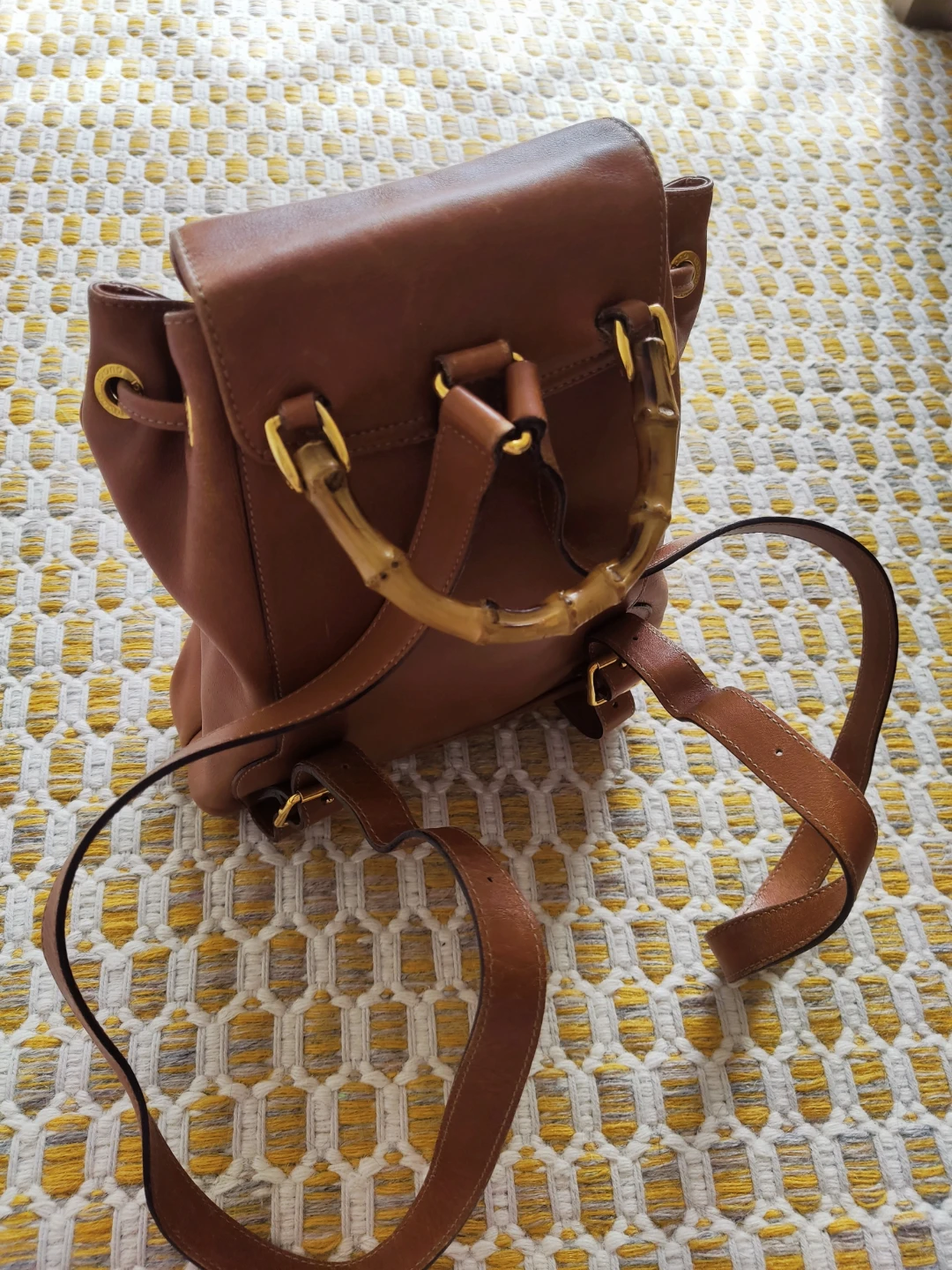 Authentic GUCCI Brown Leather Bamboo Handle Backpack Bag - photo 4
