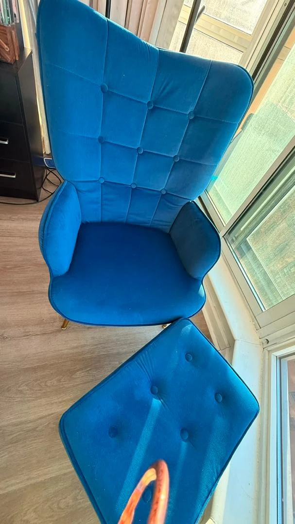 Blue Velvet Accent Chair with Ottoman - photo 2