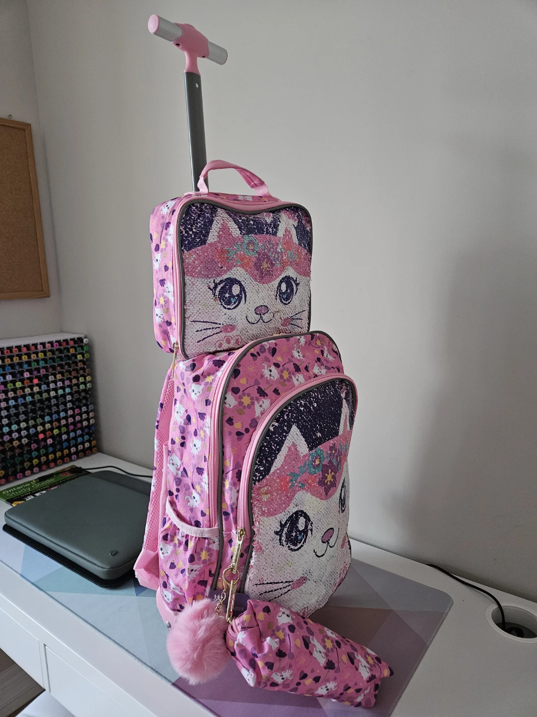 Pink Cat Sequin Rolling Backpack with Lunch Bag & Pencil Case - photo 3