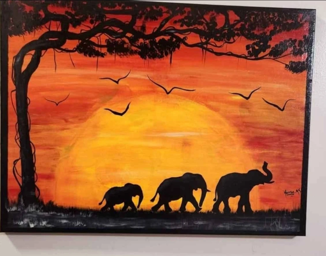 Handpainted African Sunset Elephant Scene 18in x 24in