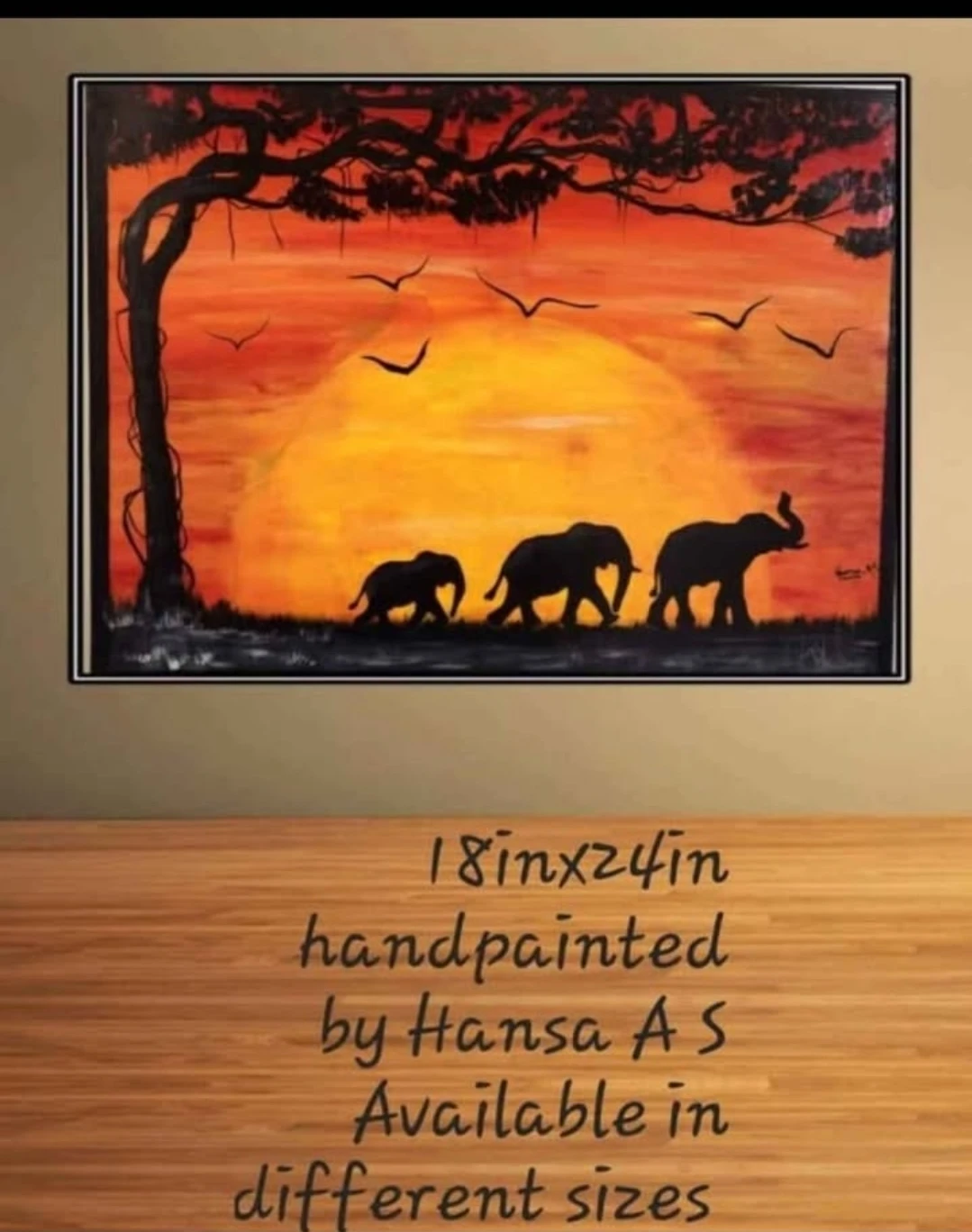 Handpainted African Sunset Elephant Scene 18in x 24in - photo 2
