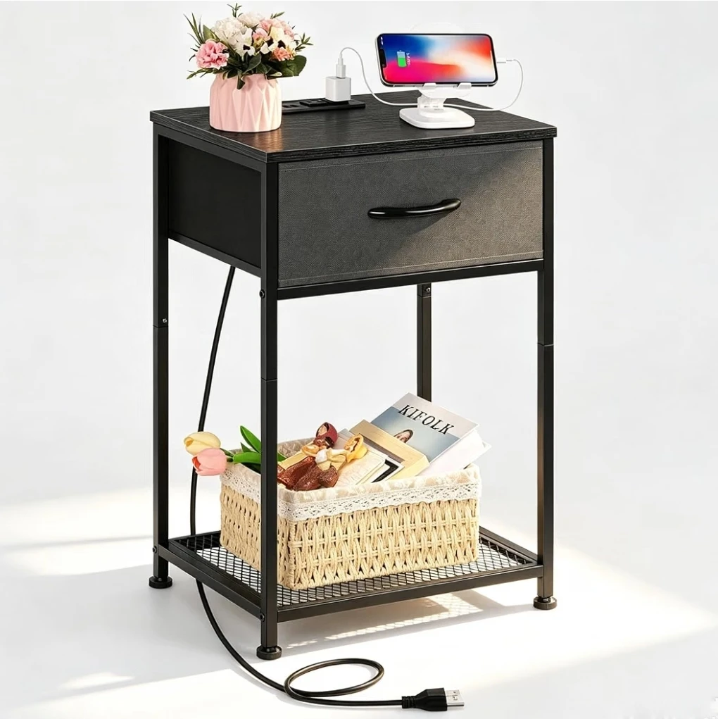Black Nightstand with Drawer and Built-in Charging Station