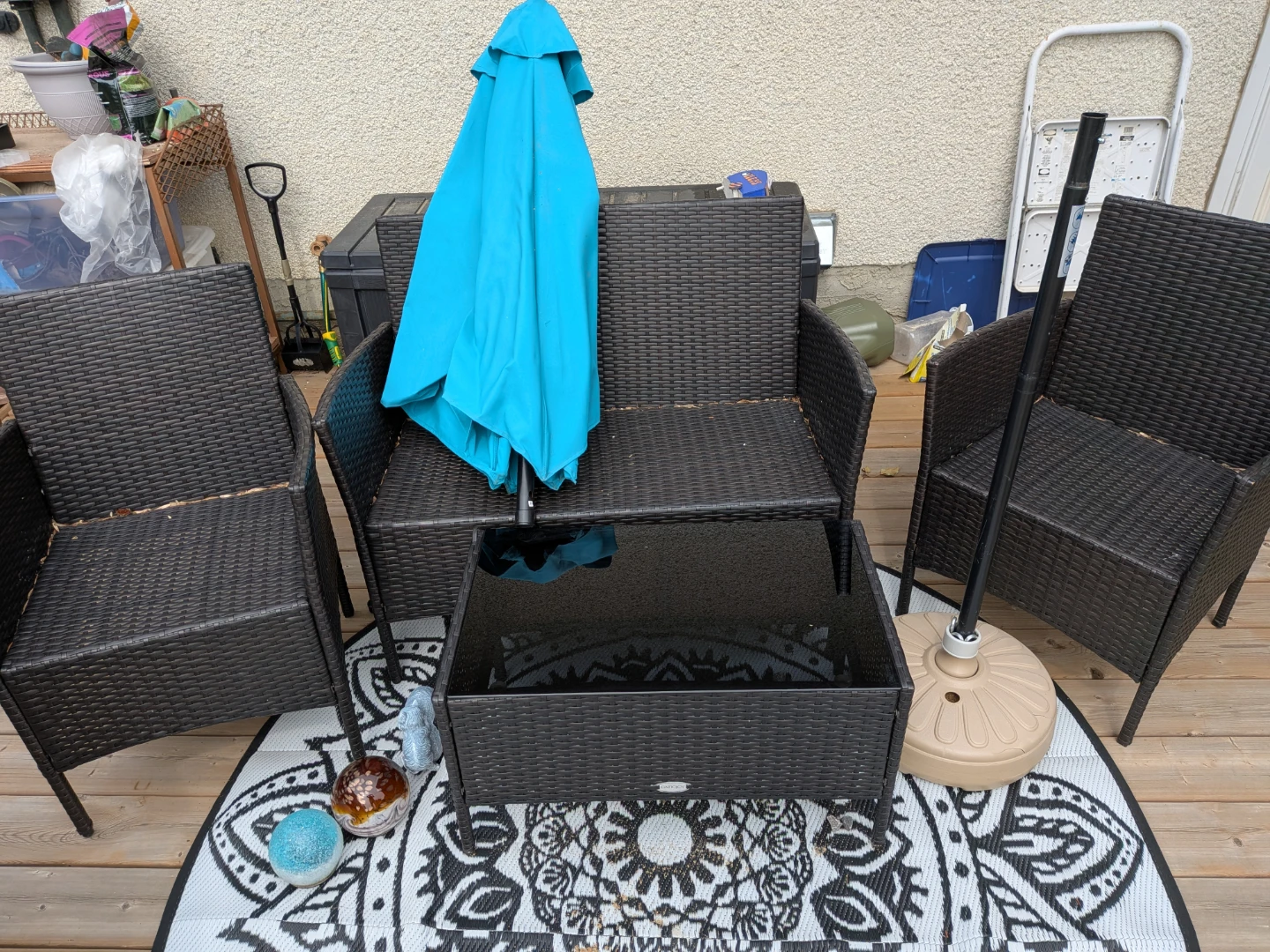 Wicker Patio Set with Chairs, Loveseat, Table and Umbrella