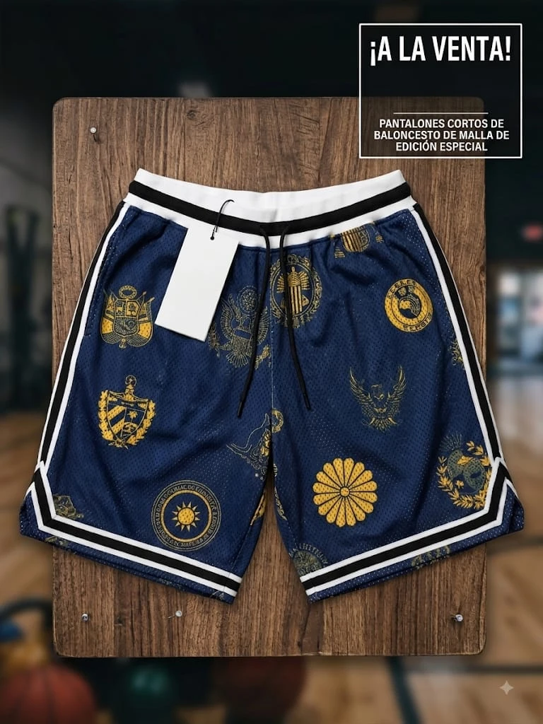 Blue Mesh Basketball Shorts with Gold Emblems
