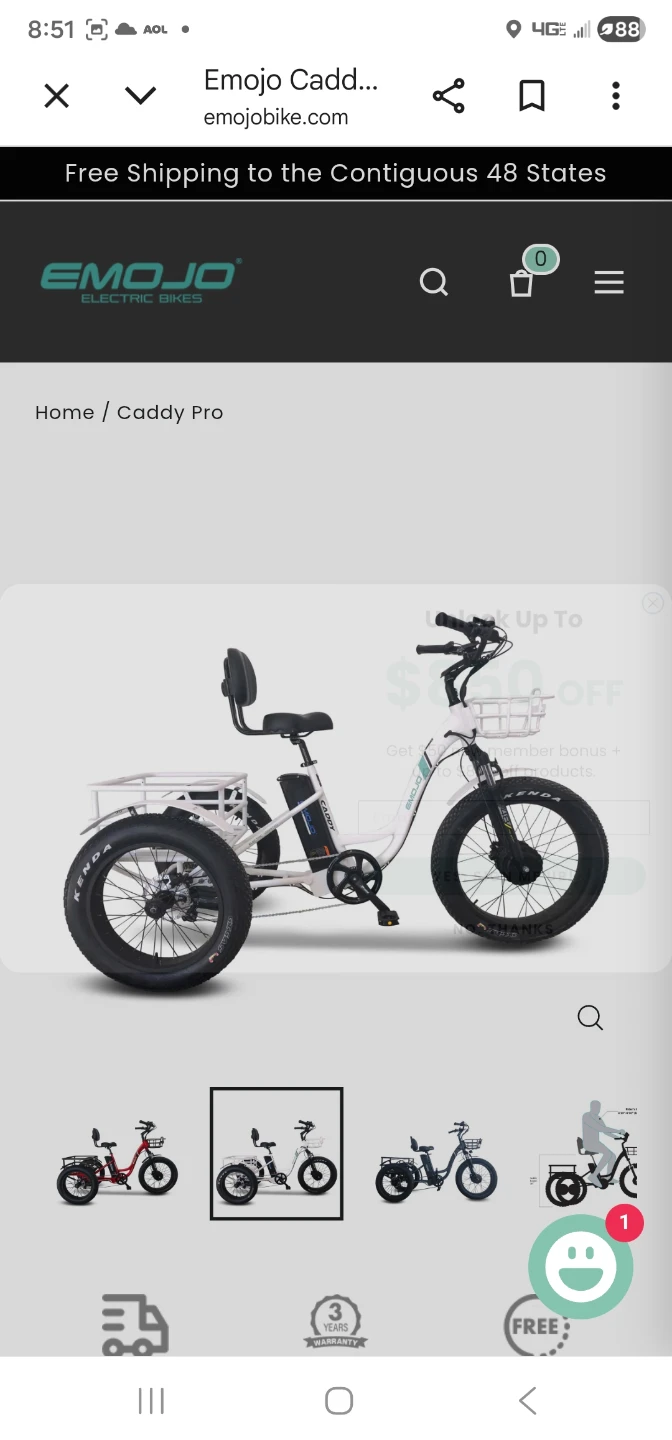 EMOJO Caddy Pro Electric Tricycle Fat Tire Cargo Bike White