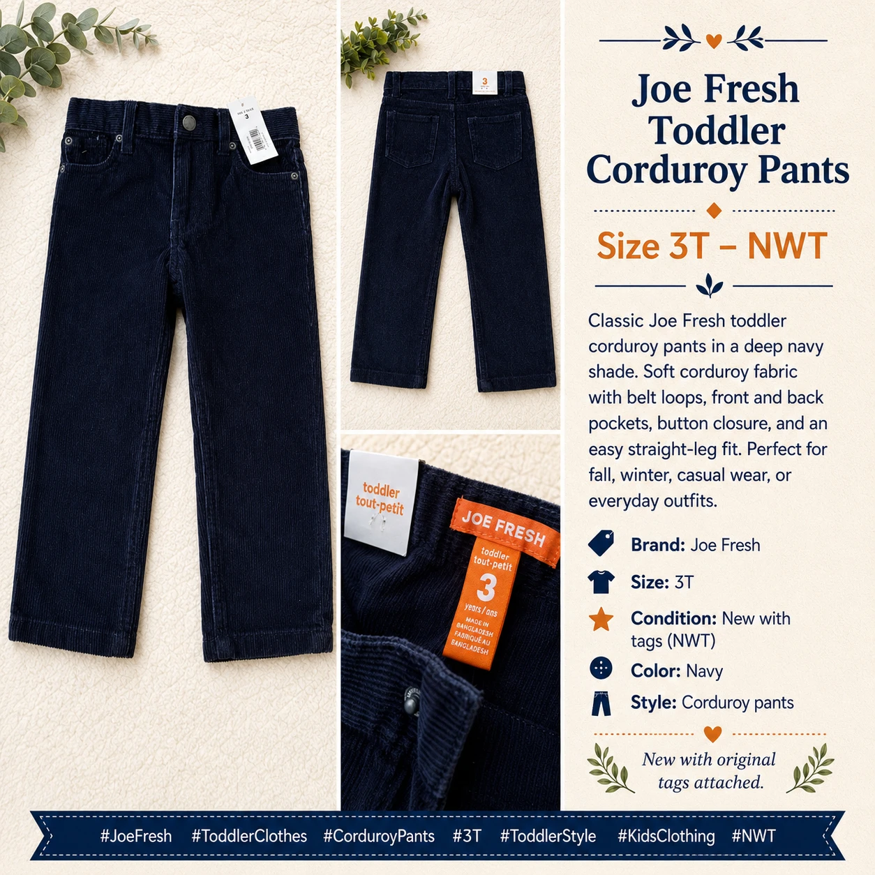 Joe Fresh Toddler Corduroy Pants Size 3T Navy NWT