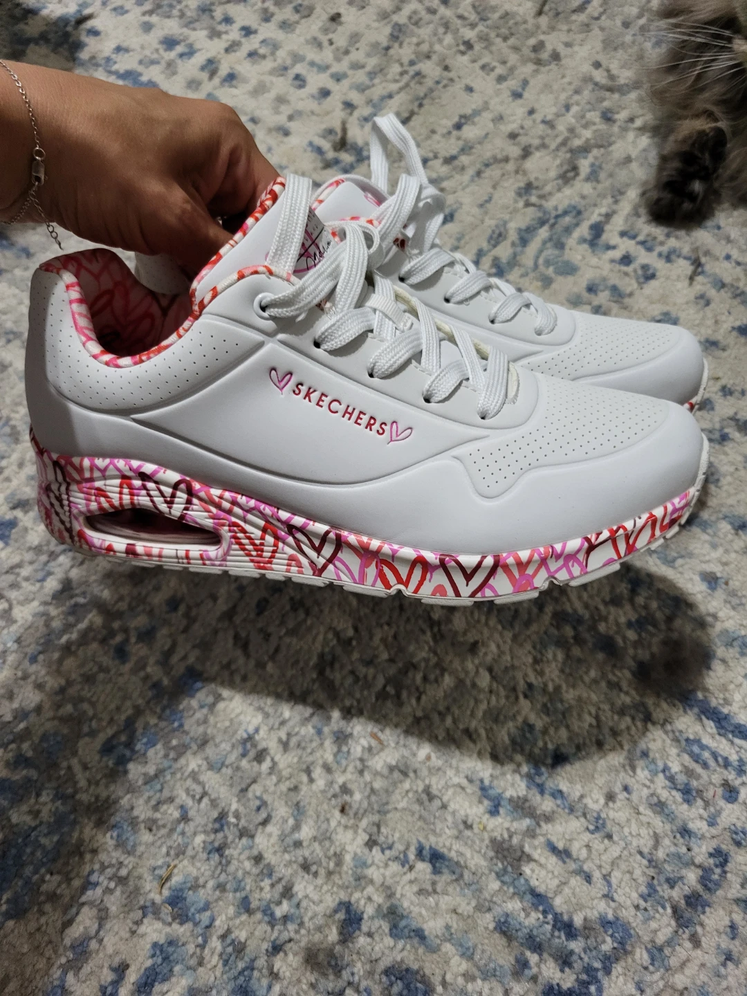 Skechers White Sneakers with Pink Hearts