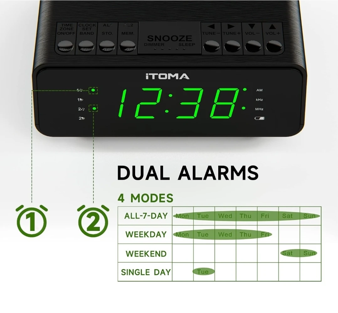 AM/FM Digital Alarm Clock Radio - Jade Green LED - photo 2