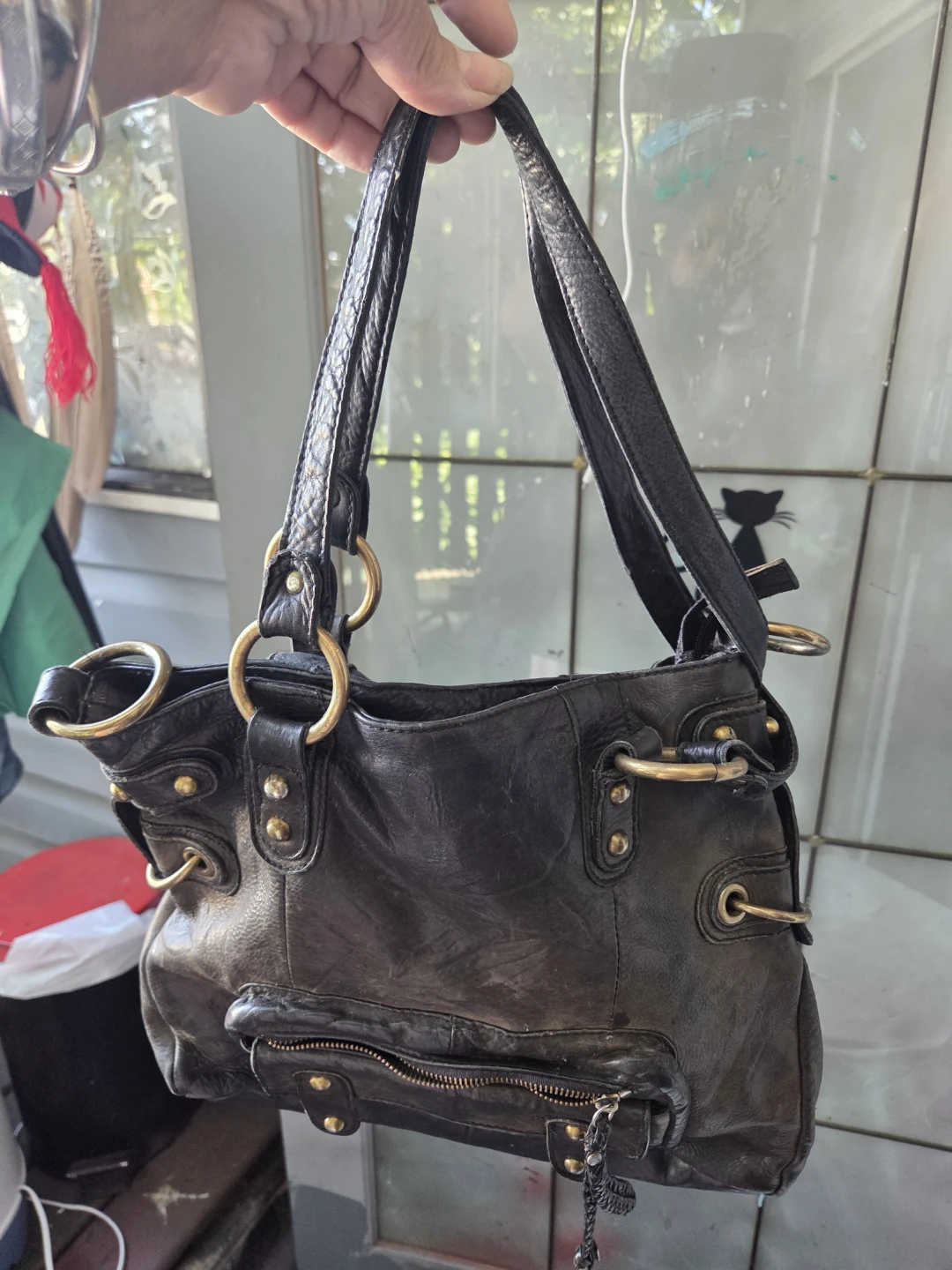 Black Leather "K'sak" Shoulder Bag