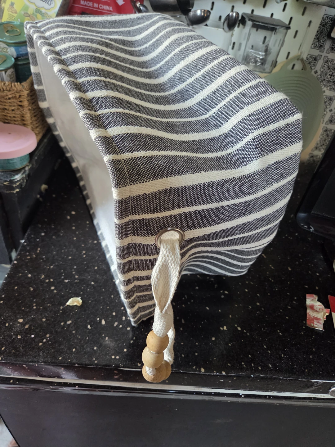 Striped Fabric Storage Basket with Wooden Beads