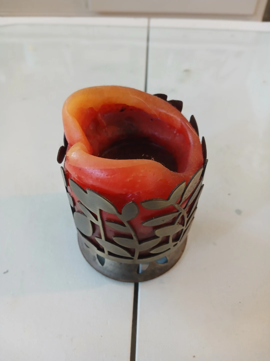 Red Candle in Decorative Metal Holder