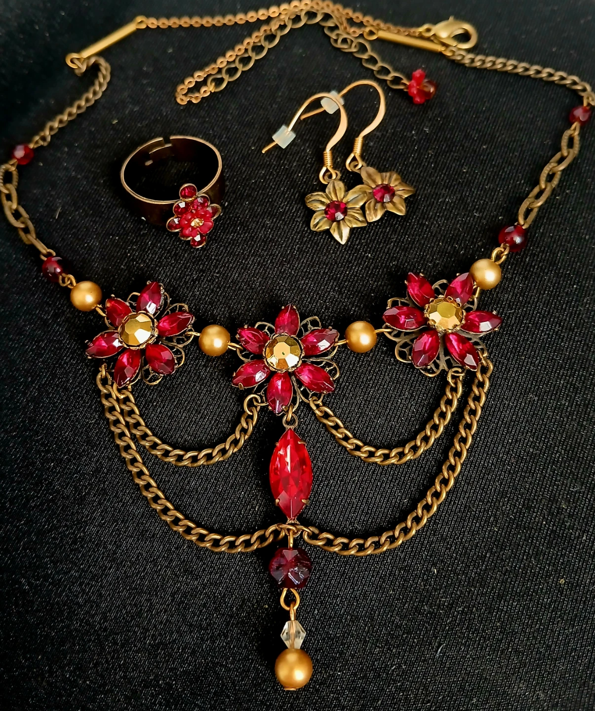 Red Stone Flower Necklace, Ring, and Earring Set - photo 4
