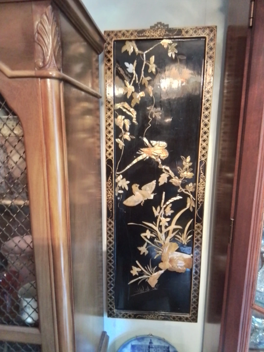 Vintage Black Lacquer Wall Panel with Birds and Flowers