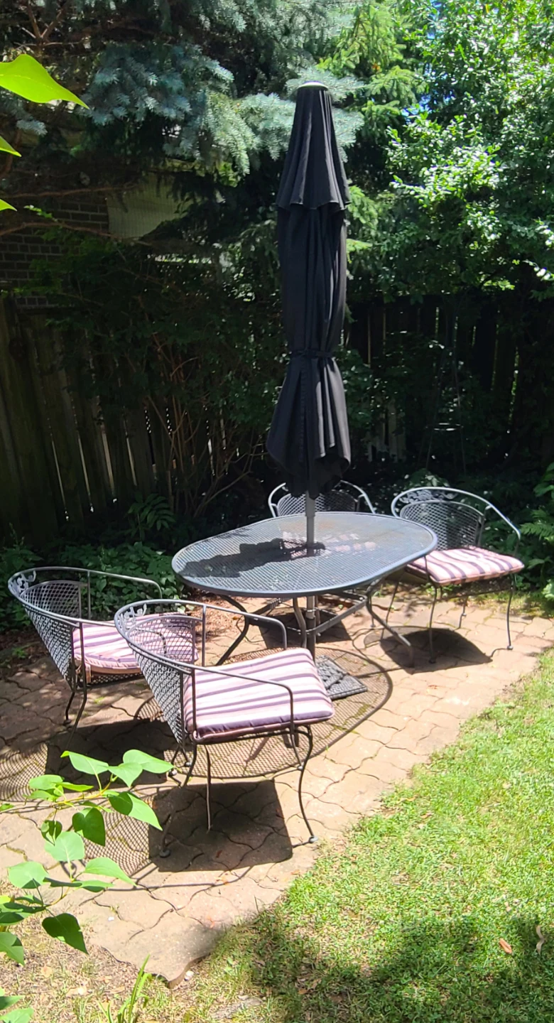 Wrought Iron Patio Set - Table, 4 Chairs, Pads Umbrella, Base